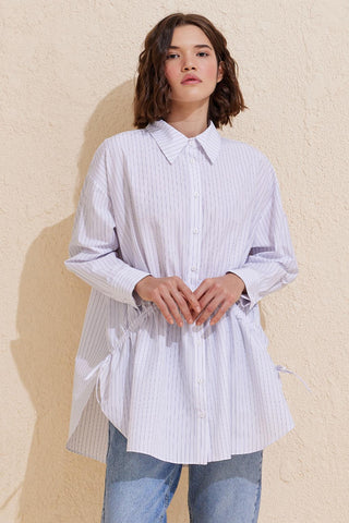 Striped Oversize Lace Up Shirt Ecru