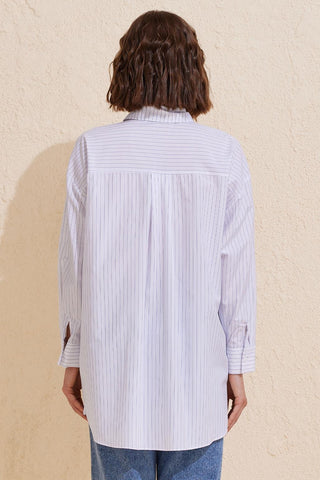 Striped Oversize Lace Up Shirt Ecru