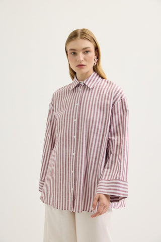 Striped Oversized Linen Shirt Burgundy