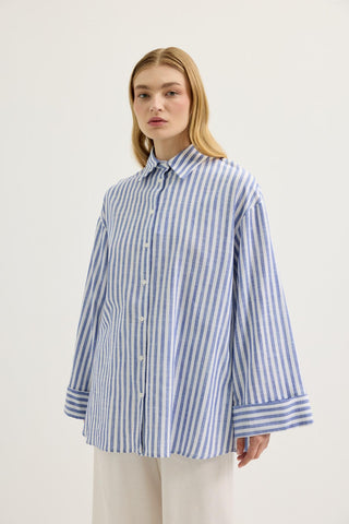 Striped Oversized Linen Shirt Navy Blue