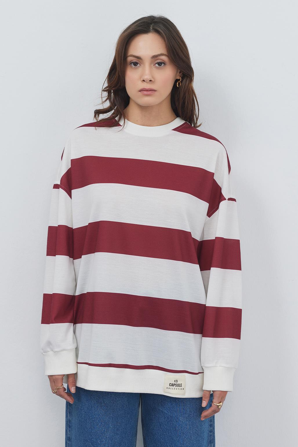 Yami Striped Ribbed Sweatshirt Burgundy