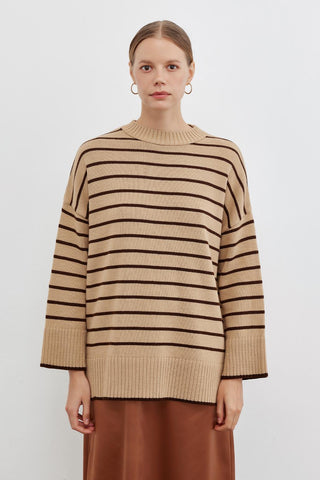 Striped Sweater With Slit Brown