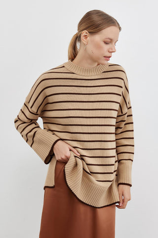 Striped Sweater With Slit Brown
