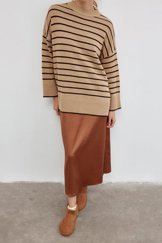 Striped Sweater With Slit Brown