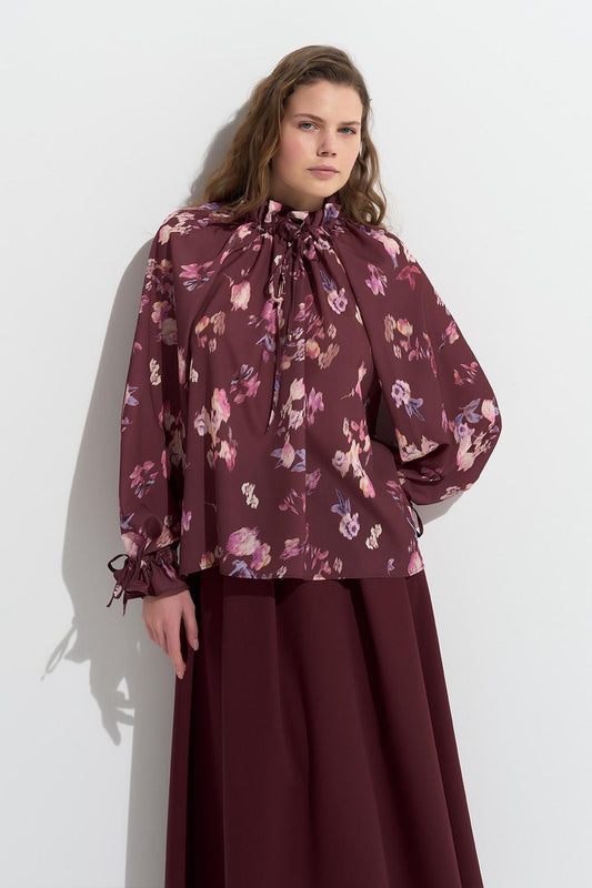 Clara Patterned Gathered Shirt Burgundy