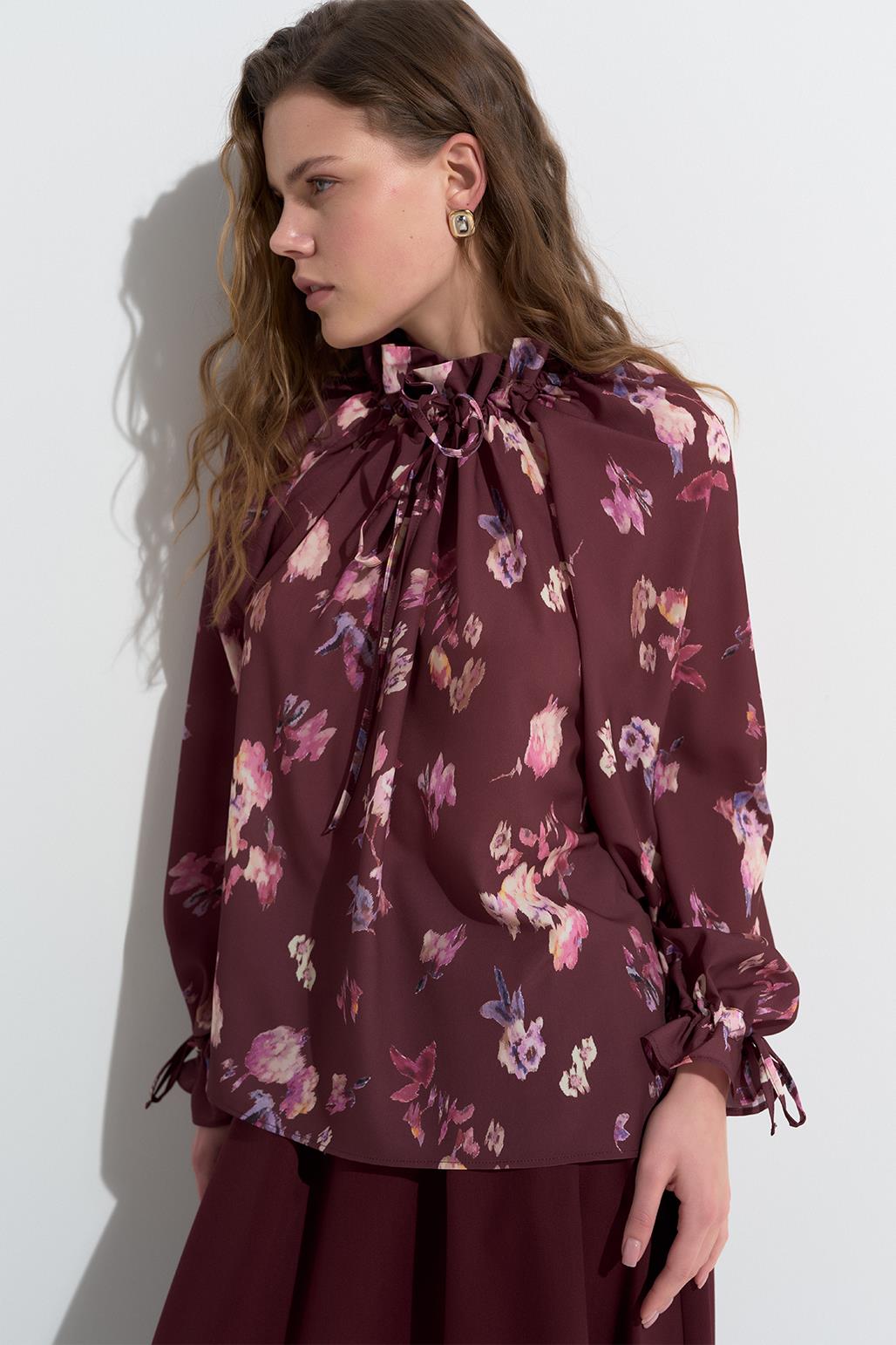 Clara Patterned Gathered Shirt Burgundy