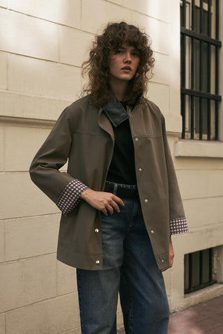 Contrast Collar Checked Lined Jacket Khaki