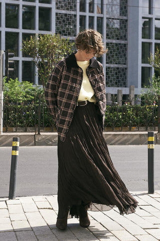 Crinkle Effect Long Flared Skirt Brown