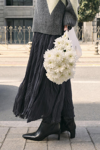 Crinkle Effect Long Flared Skirt Charcoal