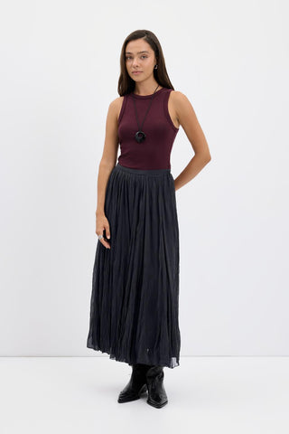 Crinkle Effect Long Flared Skirt Charcoal
