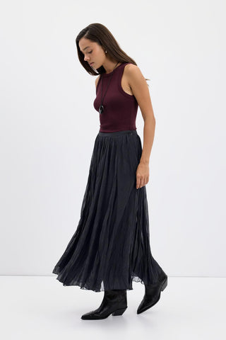 Crinkle Effect Long Flared Skirt Charcoal