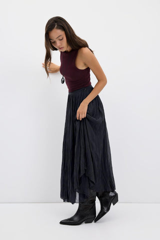 Crinkle Effect Long Flared Skirt Charcoal