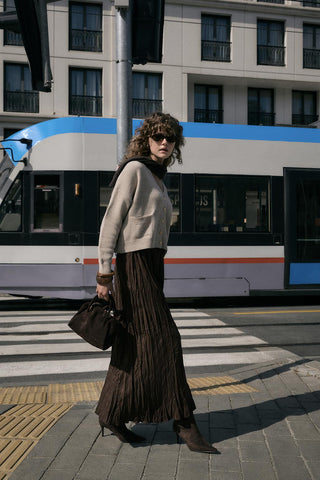 Crinkle Effect Long Suede Skirt Brown