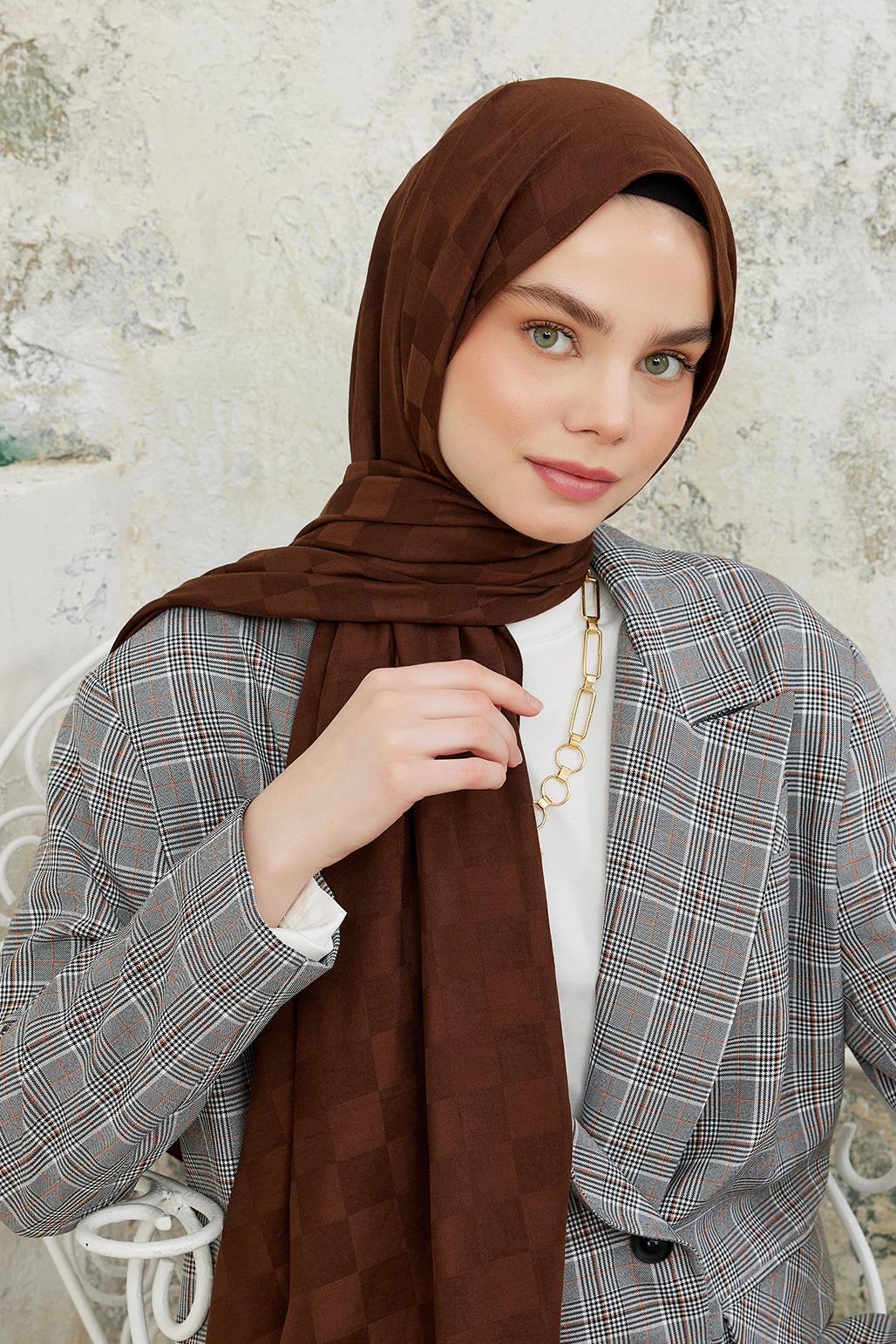 Checker Pattern Modal Jacquard Shawl Bitter Brown