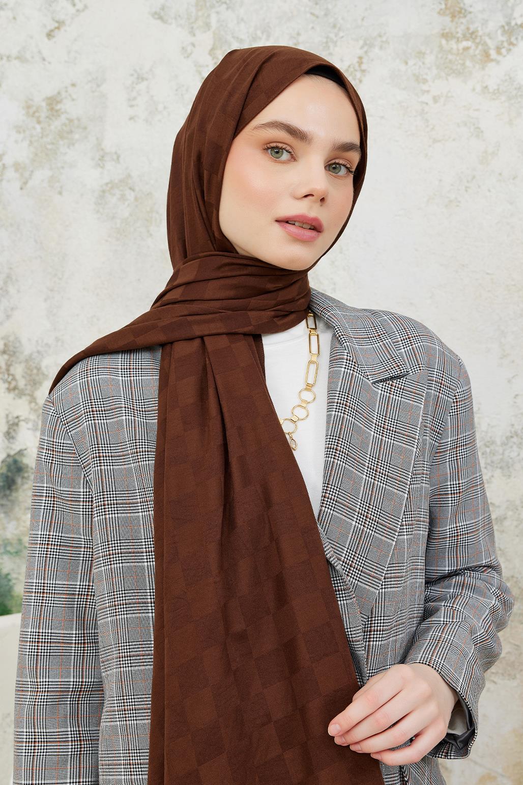 Checker Pattern Modal Jacquard Shawl Bitter Brown