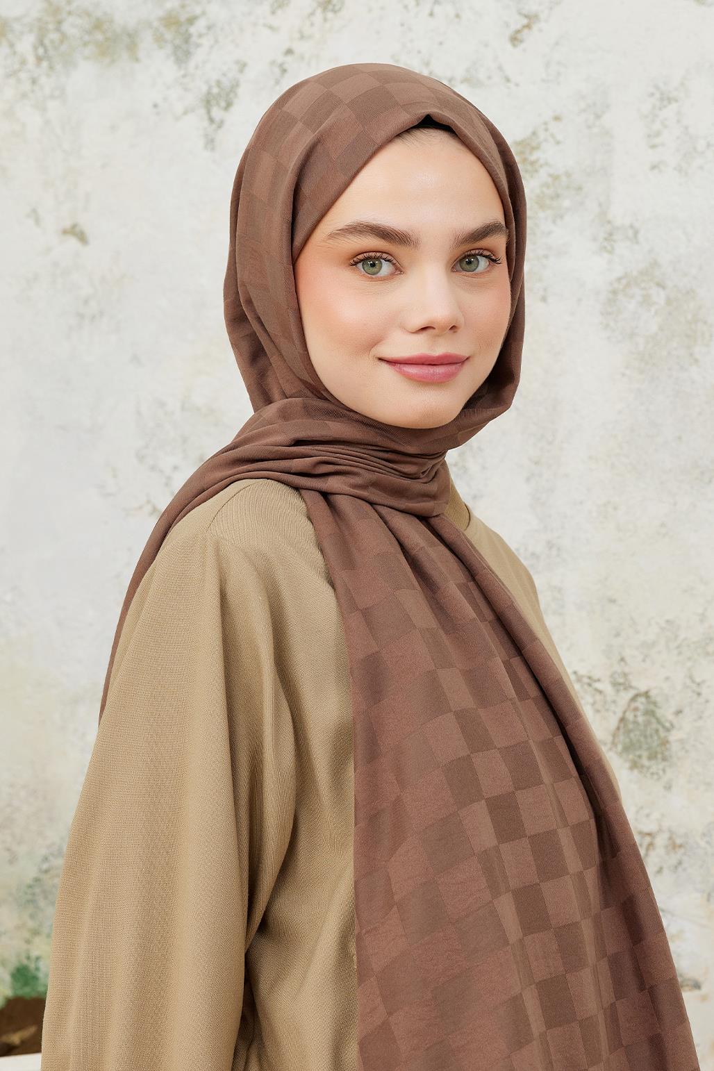 Checker Pattern Modal Jacquard Shawl Mocha