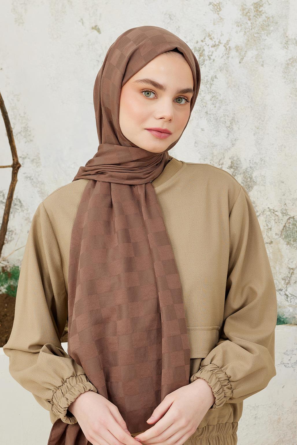 Checker Pattern Modal Jacquard Shawl Mocha