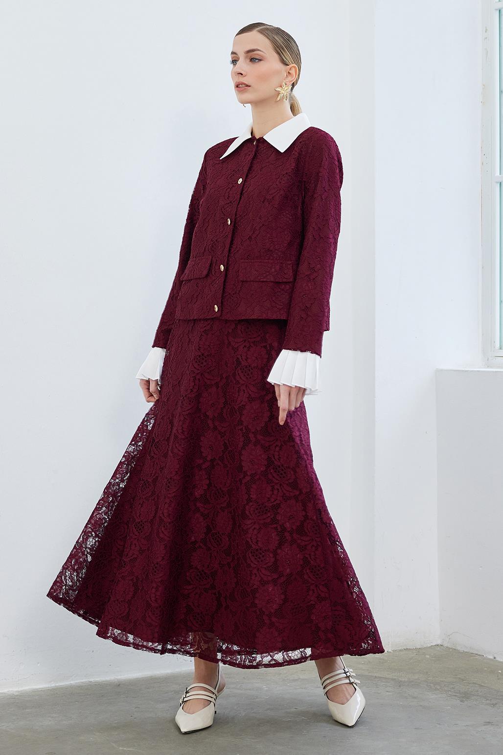 Lace Pleat Sleeve Detailed Jacket Bell Skirt Set Burgundy