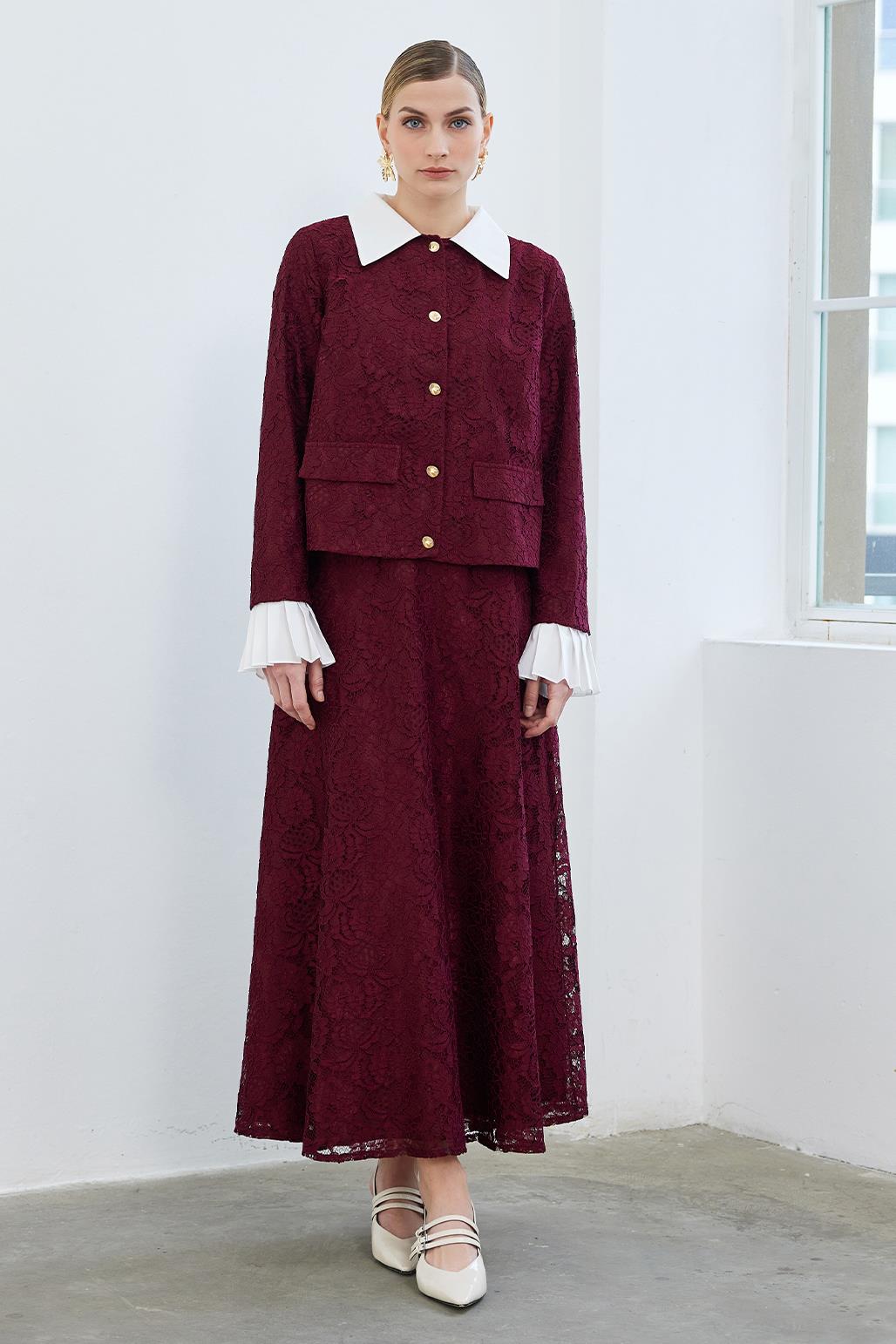Lace Pleat Sleeve Detailed Jacket Bell Skirt Set Burgundy