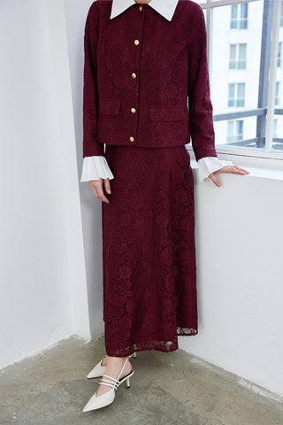 Lace Pleat Sleeve Detailed Jacket Bell Skirt Set Burgundy