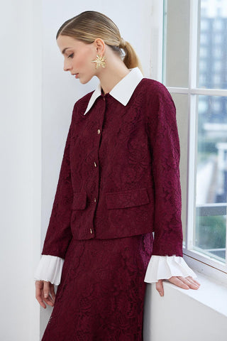 Lace Pleat Sleeve Detailed Jacket Bell Skirt Set Burgundy