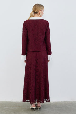 Lace Pleat Sleeve Detailed Jacket Bell Skirt Set Burgundy