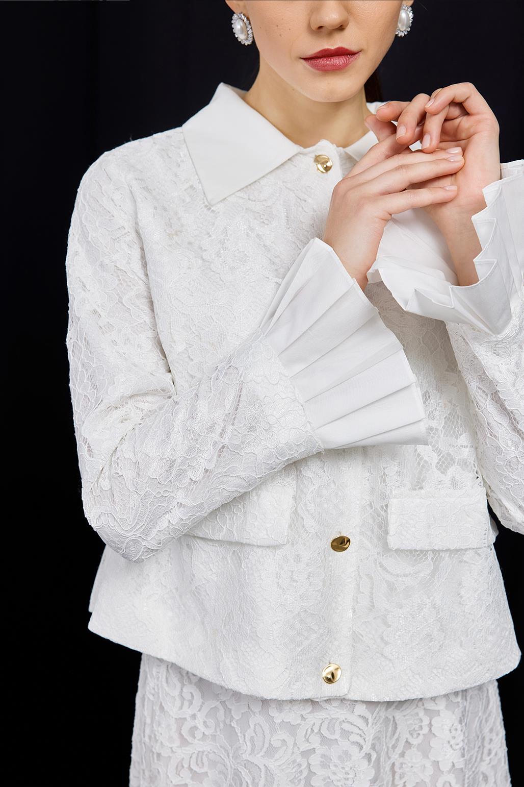 Lace Pleat Sleeve Detailed Jacket Bell Skirt Set Ecru