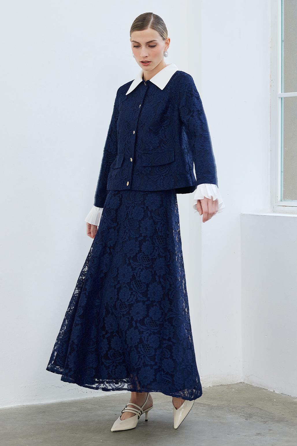 Lace Pleat Sleeve Detailed Jacket Bell Skirt Set Navy Blue