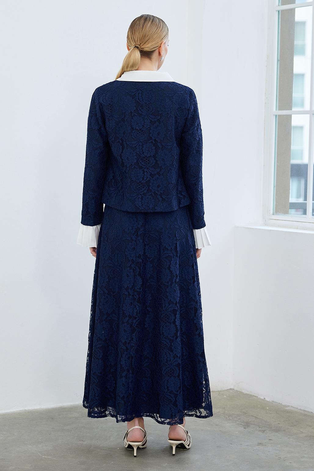 Lace Pleat Sleeve Detailed Jacket Bell Skirt Set Navy Blue