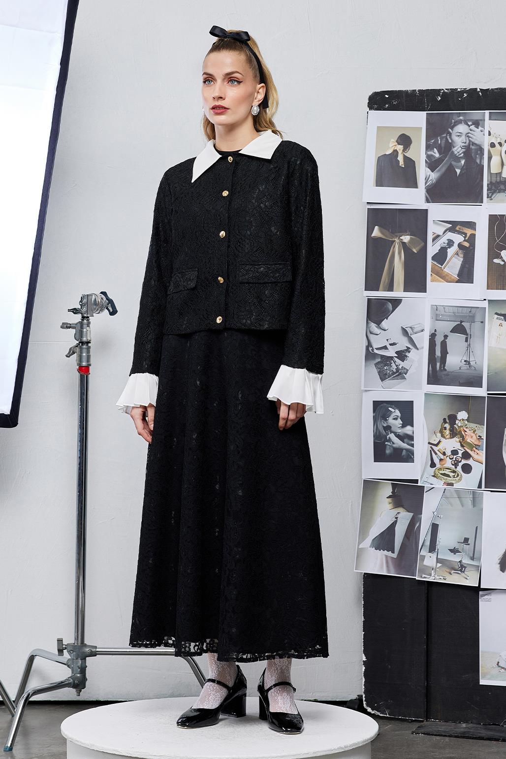 Lace Pleat Sleeve Detailed Jacket Bell Skirt Set Black