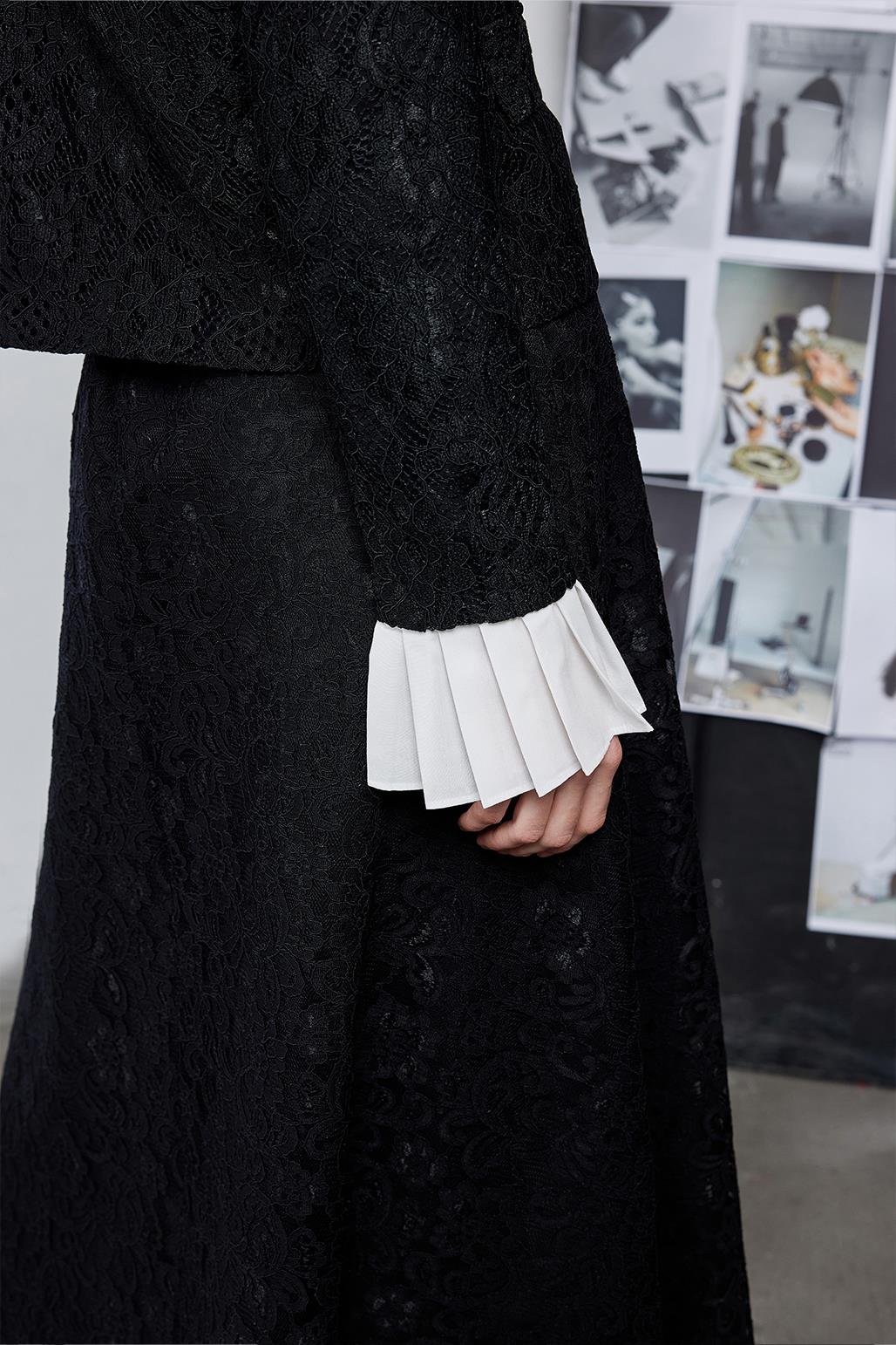 Lace Pleat Sleeve Detailed Jacket Bell Skirt Set Black
