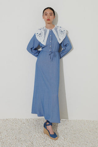 Lace Collar Tencel Dress Blue