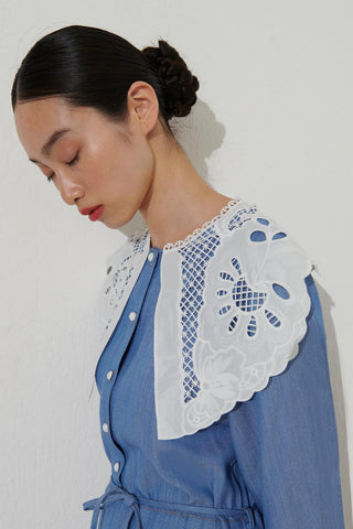 Lace Collar Tencel Dress Blue