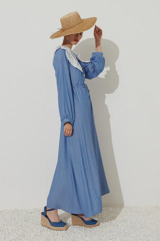 Lace Collar Tencel Dress Blue