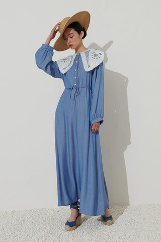 Lace Collar Tencel Dress Blue