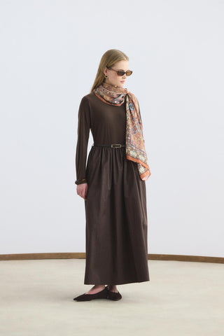 Slim Fit Belted Mix Dress Brown