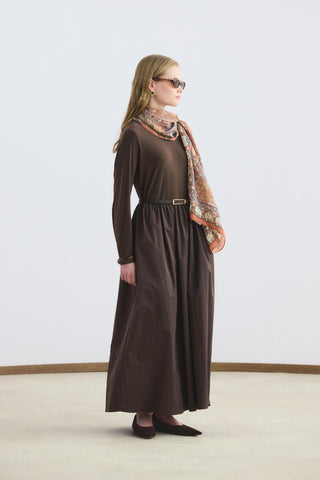 Slim Fit Belted Mix Dress Brown