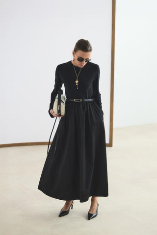 Slim Fit Belted Mix Dress Black