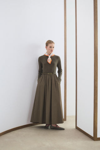 Slim Fit Belted Mix Dress Green