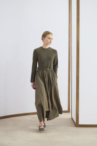 Slim Fit Belted Mix Dress Green
