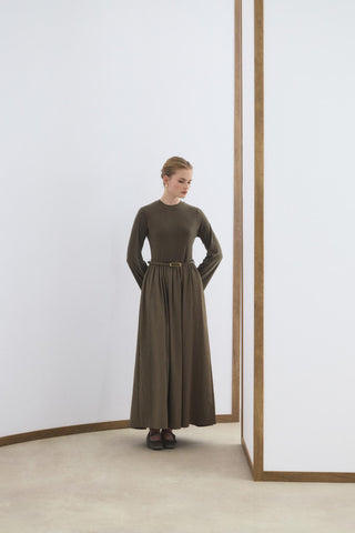Slim Fit Belted Mix Dress Green