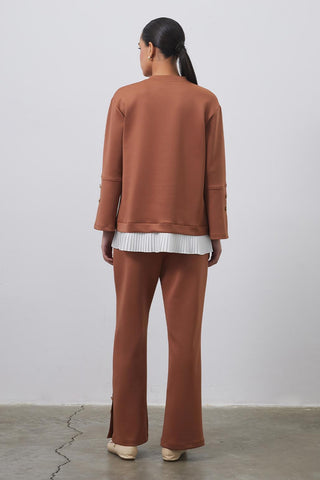 Debra Pilise Detailed Slit Tunic Trousers Set Brown