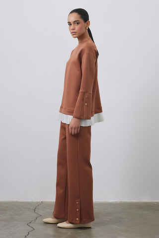 Debra Pilise Detailed Slit Tunic Trousers Set Brown