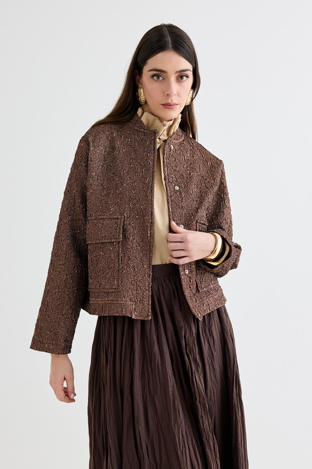 Denia Jacquard Midi Bomber Jacket Mocha