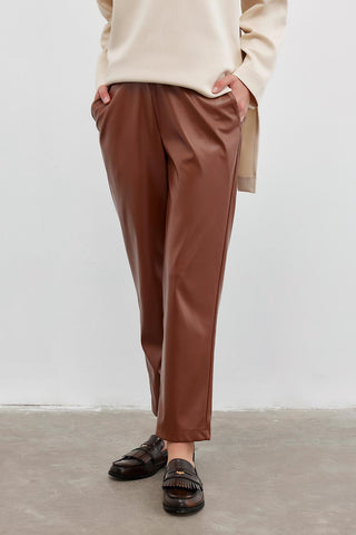 Straight Cut Leather Trousers Camel