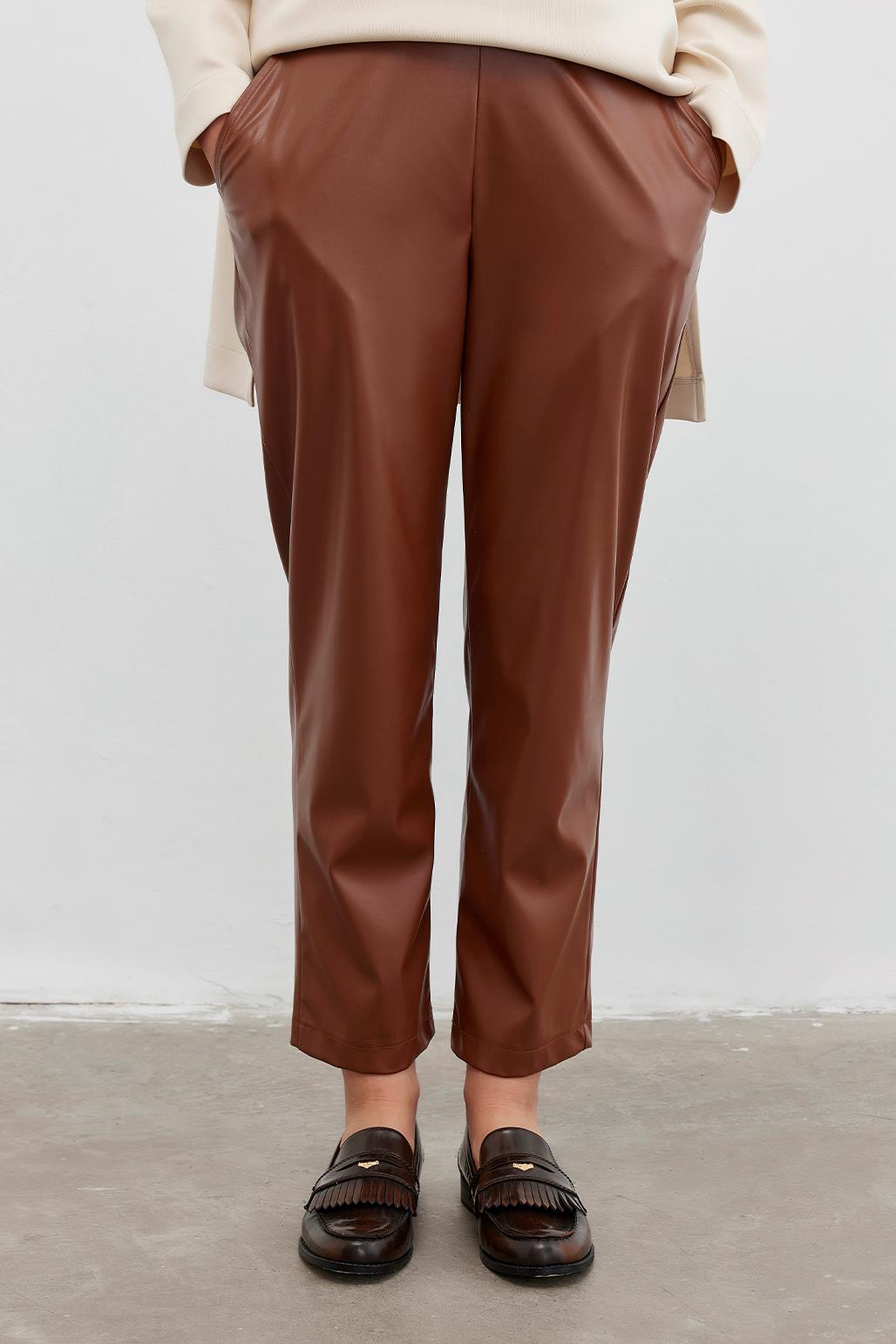 Straight Cut Leather Trousers Camel