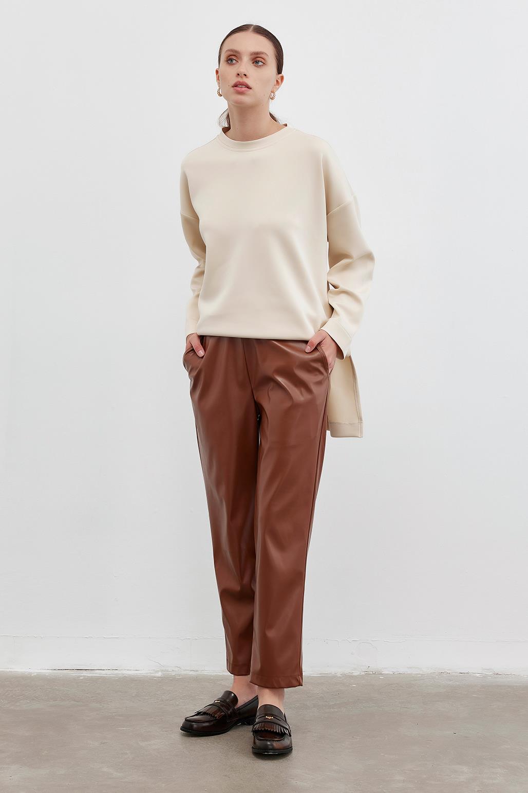 Straight Cut Leather Trousers Camel