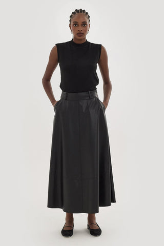 Leather Flared Skirt Black
