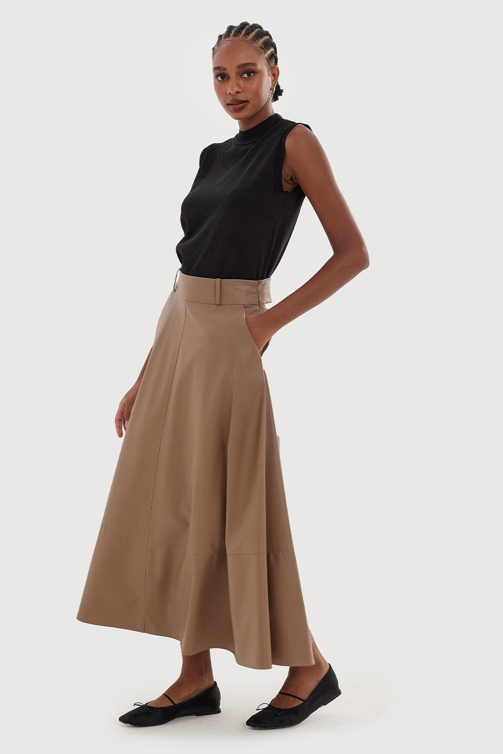 Leather Flared Skirt Mink