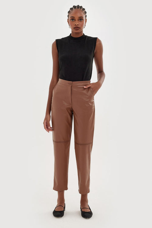 Leather Ribbed Trousers Camel